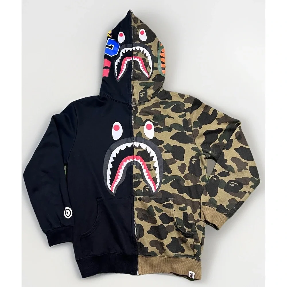 Bape A Bathing Ape Shark Hoodie LG WGM Tiger Camo Color Block Full Zip EUC - Picture 1 of 13
